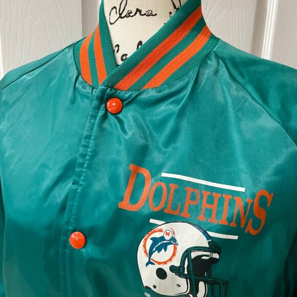 NFL MIAMI DOLPHINS VINTAGE 80’ RETRO BOMBER SATIN JACKET TEAL/ORANGE Sz L TRENDY - Picture 7 of 16